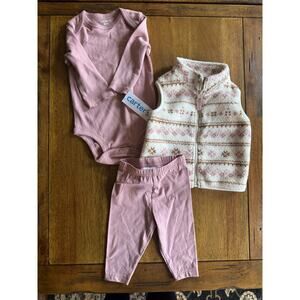 NWT Carters 3pc Baby Girl Outfit 6M Pink Fleece Vest Set